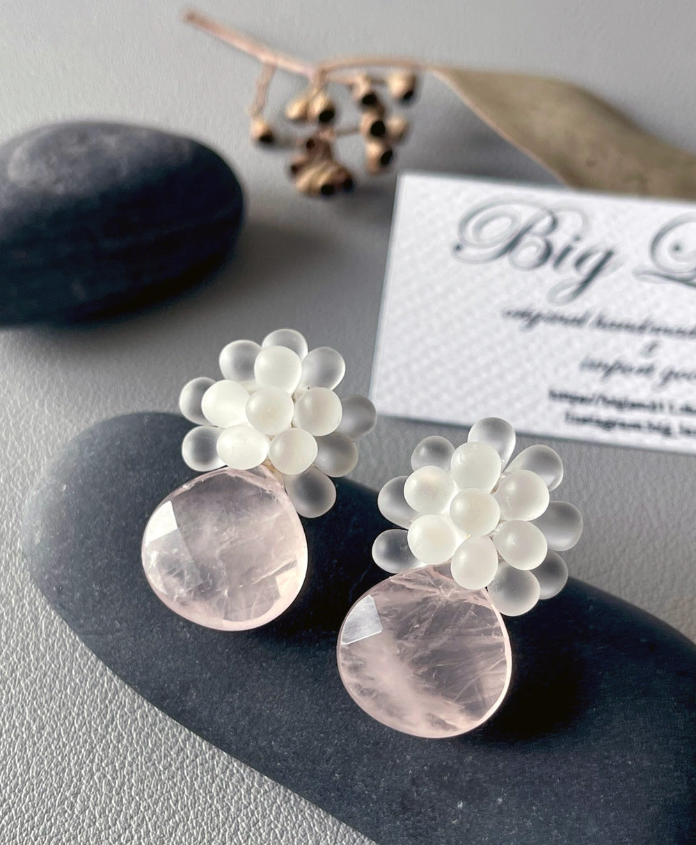 b3-03-502 ローズクォーツ×チェコガラス ピアス＆イヤリング【Big Land】【003】