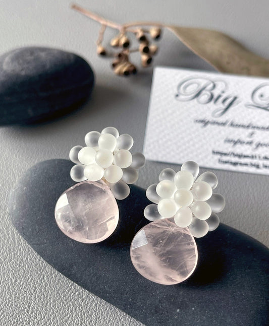 b3-03-502 ローズクォーツ×チェコガラス ピアス＆イヤリング【Big Land】【003】