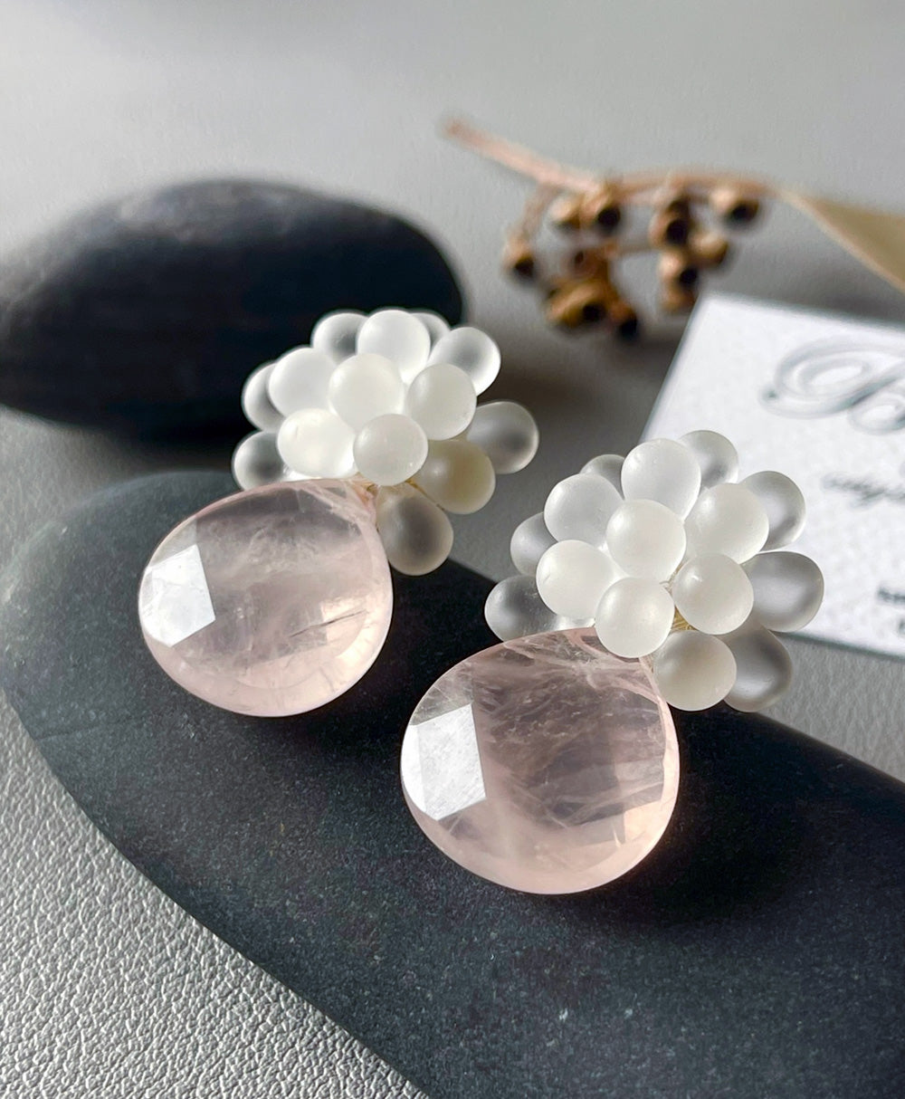 b3-03-502 ローズクォーツ×チェコガラス ピアス＆イヤリング【Big Land】【003】