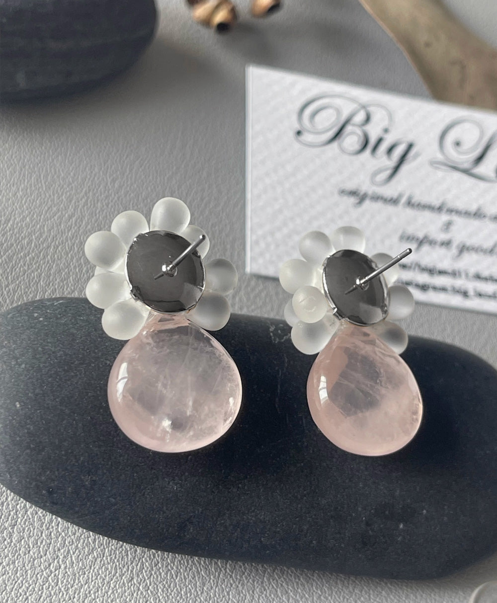 b3-03-502 ローズクォーツ×チェコガラス ピアス＆イヤリング【Big Land】【003】