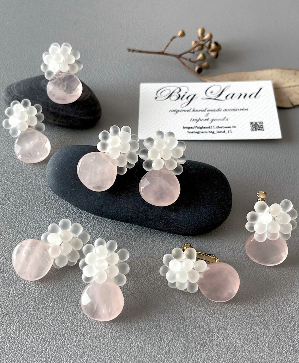 b3-03-502 ローズクォーツ×チェコガラス ピアス＆イヤリング【Big Land】【003】